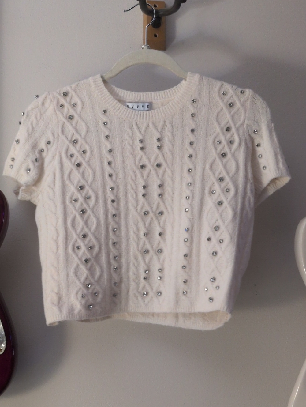 HYFVE Cream Studded Cable-Knit Short-Sleeve Crew Sweater